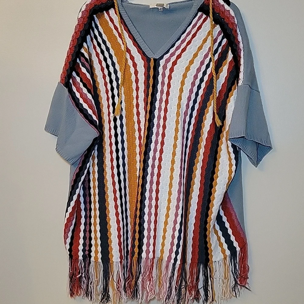 Gimmicks Womens Striped Fringed Hooded Poncho Sweater Blue Multi Size L PD123003